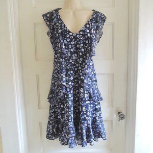 Michael Kors Blue & White Wildflower Cascade Ruffle Dress M